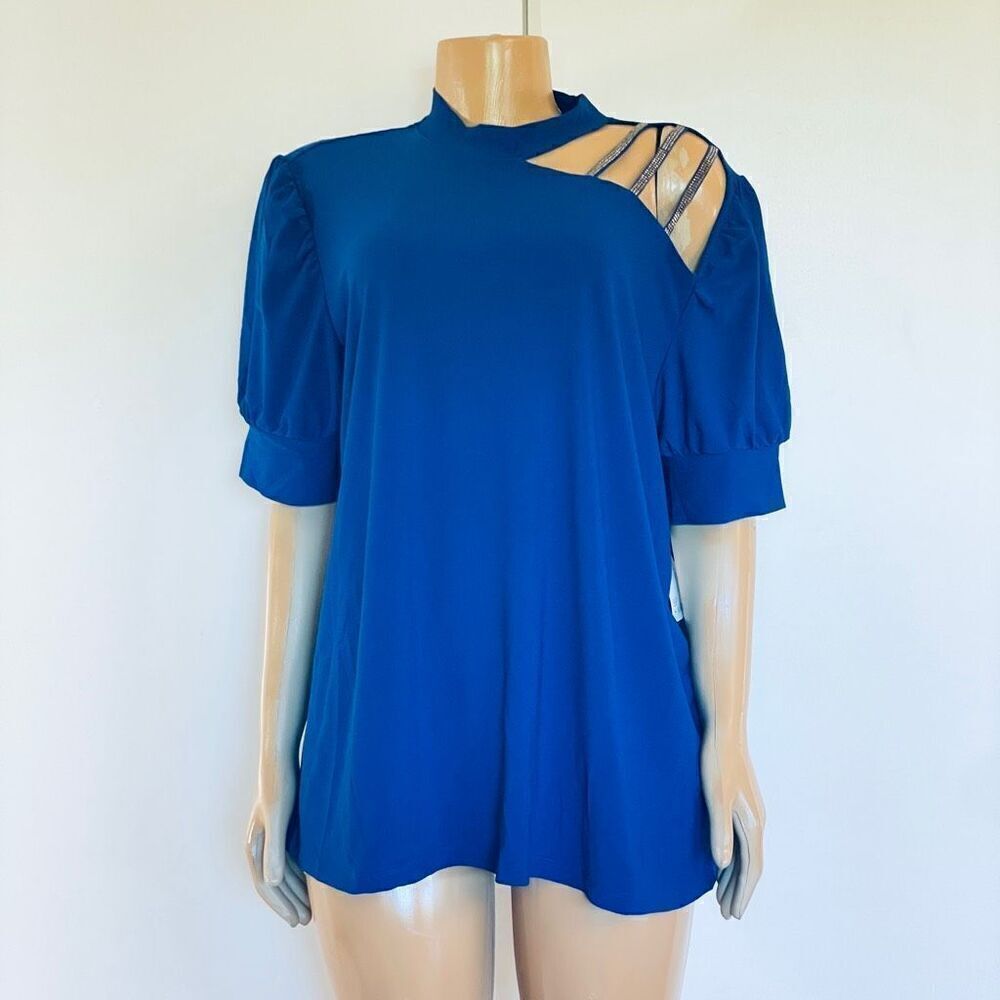 NWT Gorgeous 89th & Madison 2X Plus Blue Bling Bling Cut out Sleeve Blouse Top
